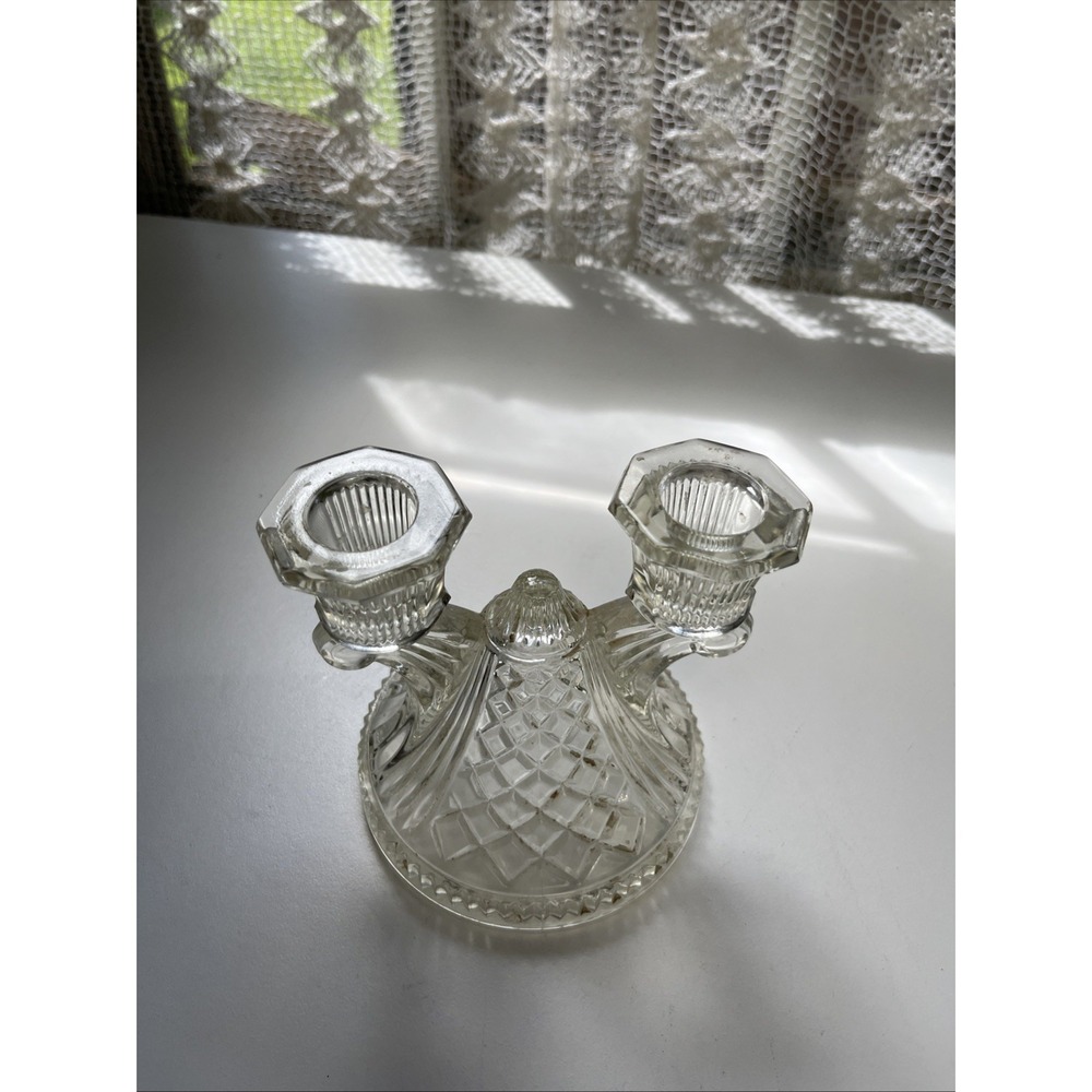 Glass Double Candle Holder Art Deco Depression Era - Picture 2 of 6